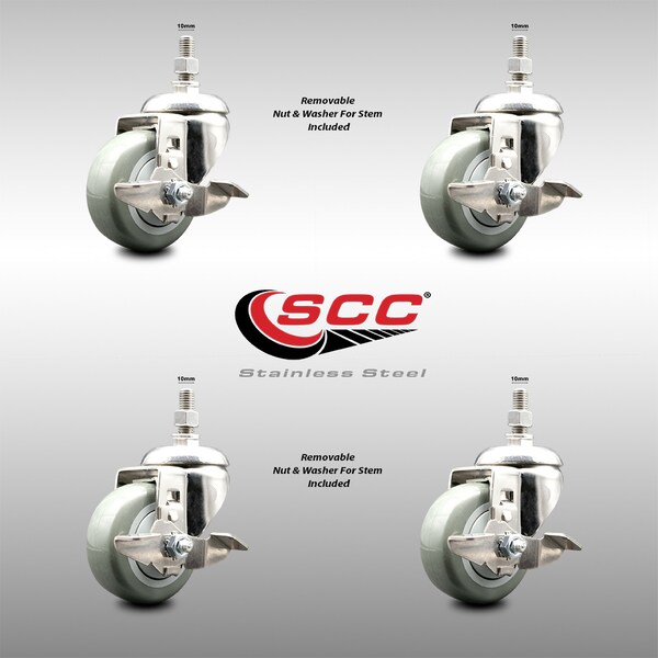 Service Caster 3 Inch 316SS Gray Polyurethane Swivel 10mm Threaded Stem Caster Set Brake SCC-SS316TS20S314-PPUB-TLB-M1015-4 - main